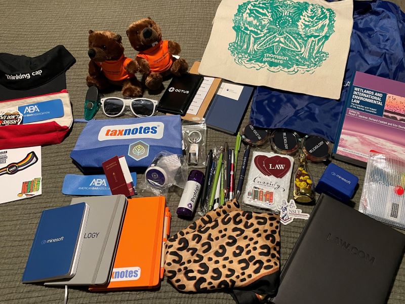 Complimentary items gathered at the AALL conference: tote bags, plush beavers, sunglasses, notebooks, pens, stickers and various electronic do-dads.